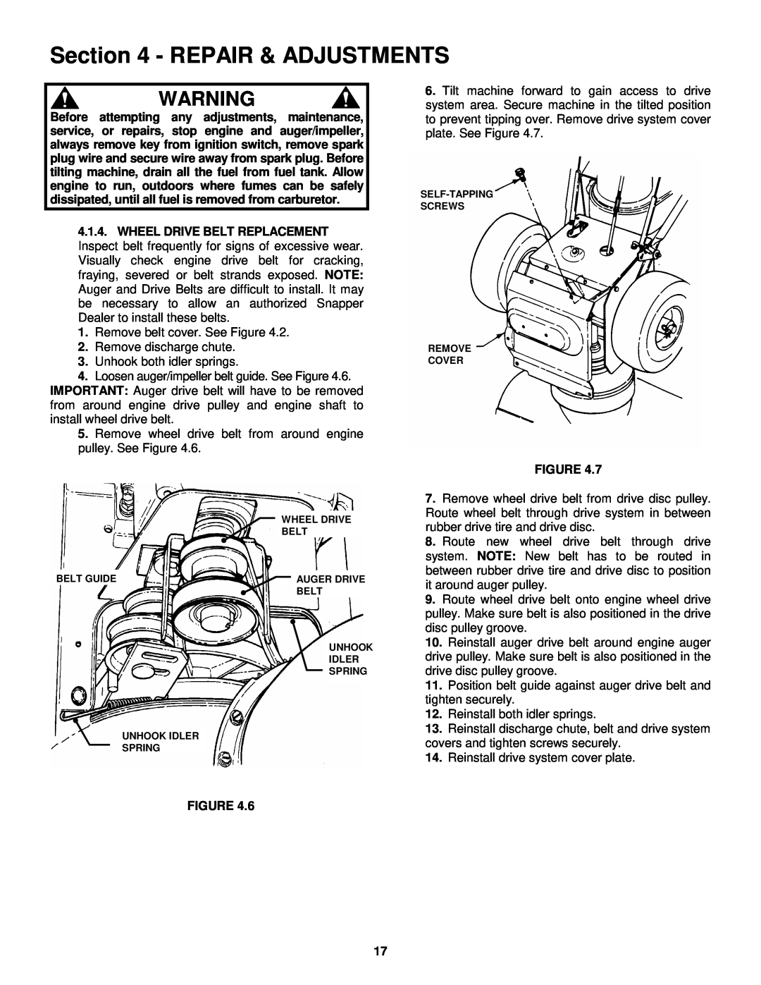 Snapper E11305, E9265 important safety instructions Repair & Adjustments 