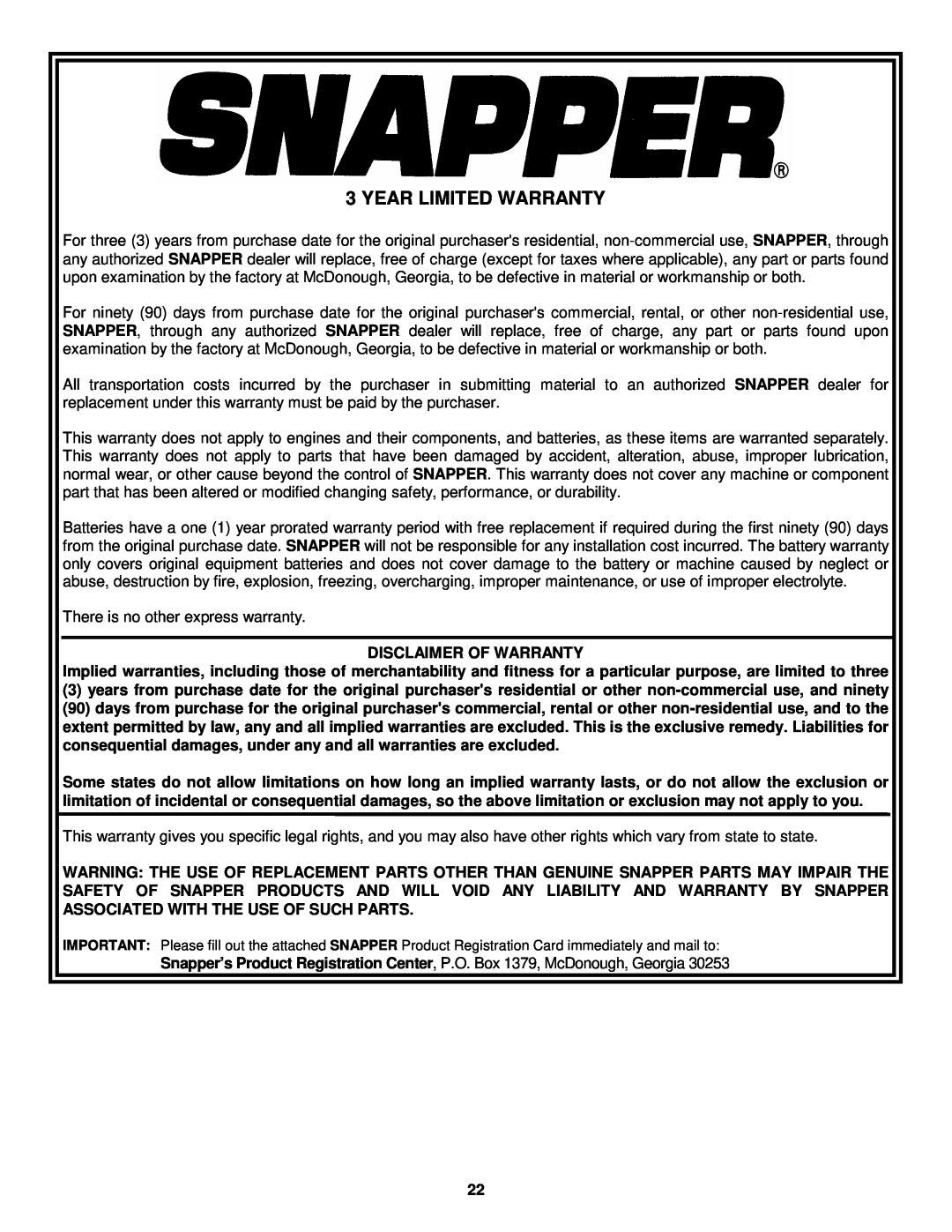 Snapper E9265, E11305 important safety instructions Year Limited Warranty 