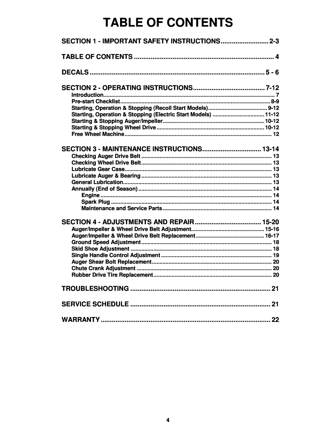 Snapper E9265, E11305 important safety instructions Table Of Contents 