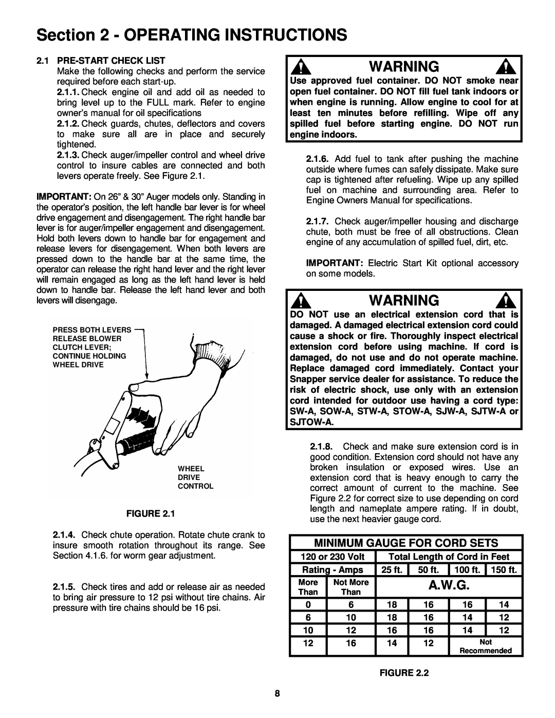 Snapper E9265, E11305 important safety instructions A.W.G, Operating Instructions, Minimum Gauge For Cord Sets 