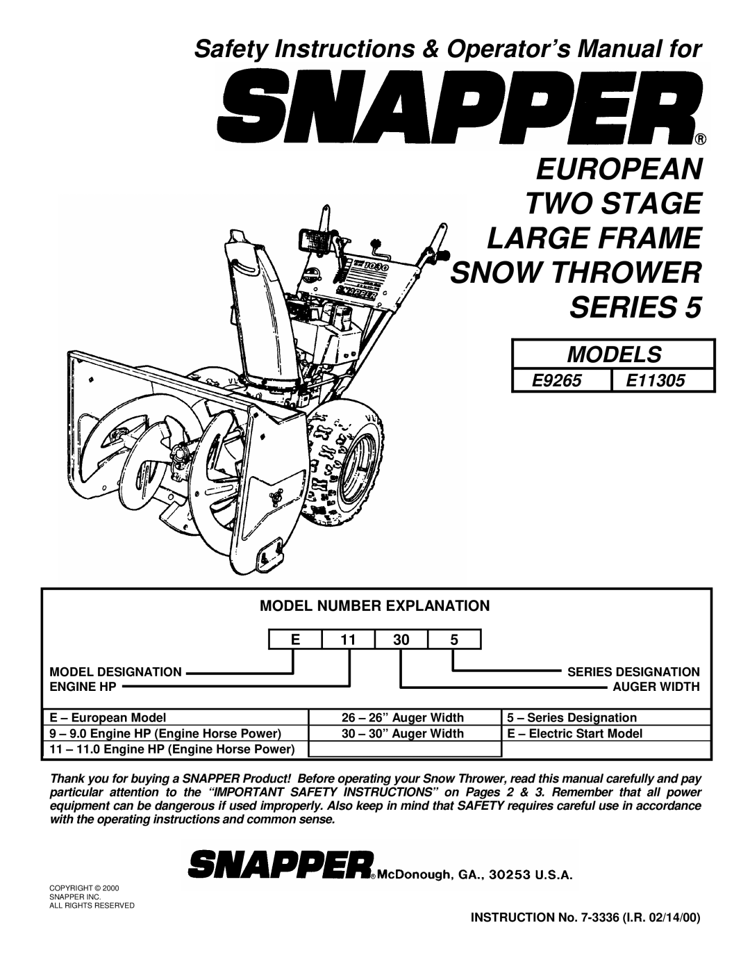 Snapper E11305, E9265 important safety instructions Model Number Explanation, Instruction No -3336 I.R /14/00 