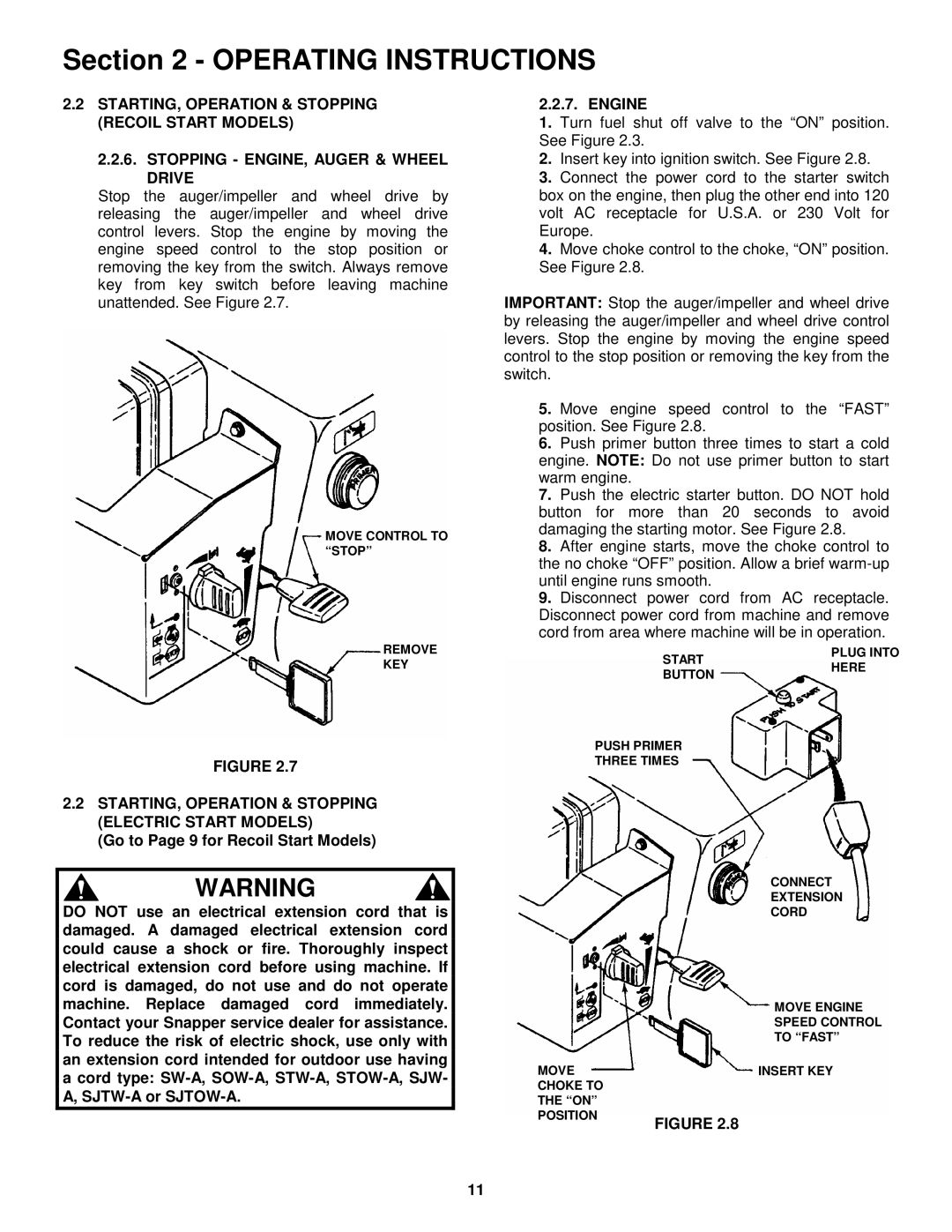 Snapper E11305, E9265 important safety instructions STARTING, Operation & Stopping Electric Start Models 