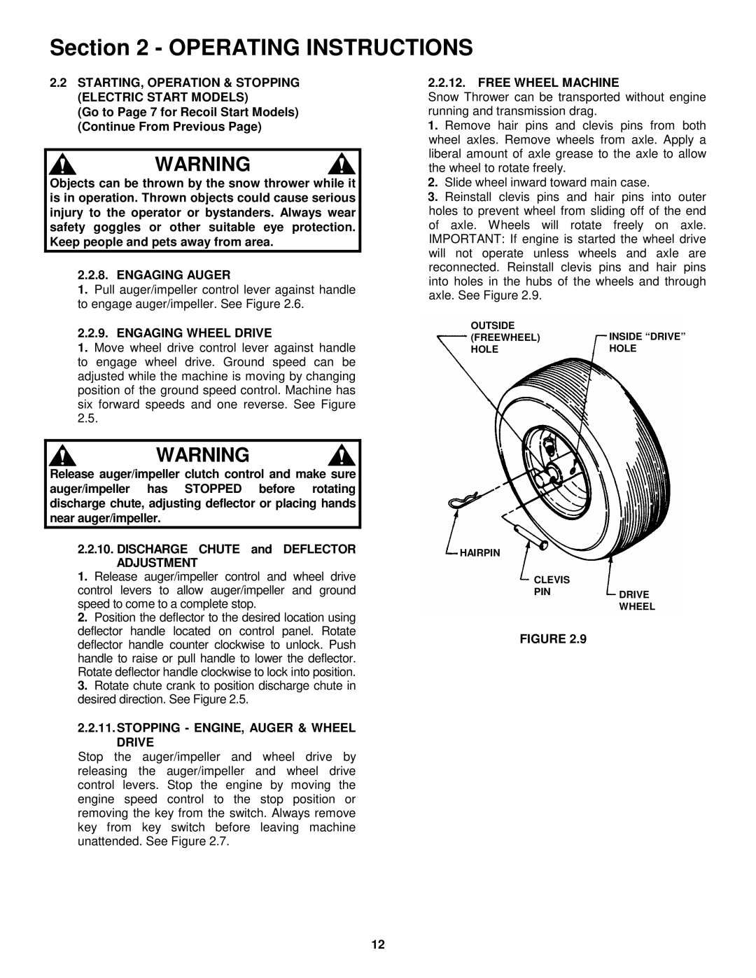 Snapper E9265, E11305 important safety instructions Stopping ENGINE, Auger & Wheel Drive, Free Wheel Machine 