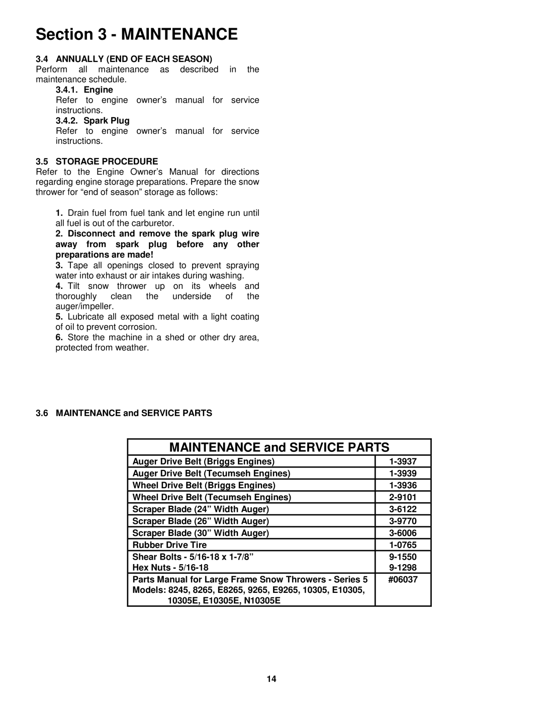 Snapper E9265, E11305 Annually END of Each Season, Engine Spark Plug, Storage Procedure, Maintenance and Service Parts 