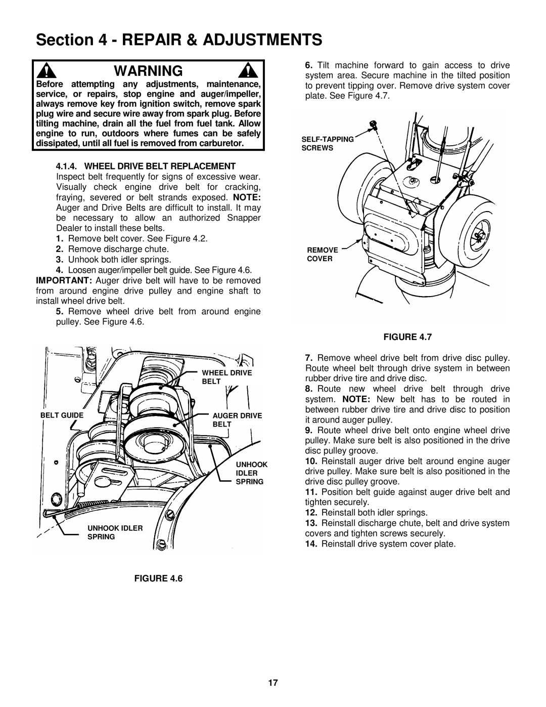 Snapper E11305, E9265 important safety instructions Repair & Adjustments 