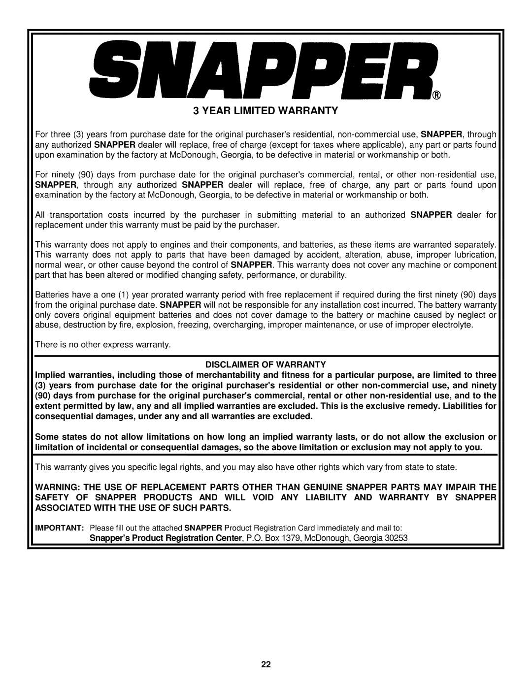 Snapper E9265, E11305 important safety instructions Year Limited Warranty, Disclaimer of Warranty 