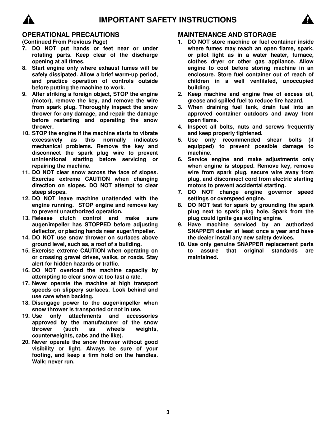 Snapper E11305, E9265 important safety instructions Maintenance and Storage 