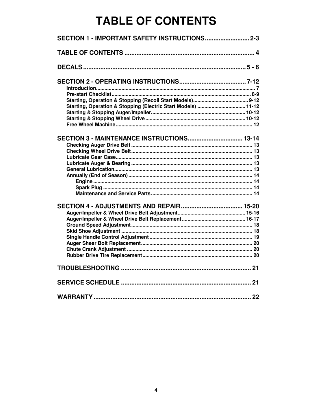 Snapper E9265, E11305 important safety instructions Table of Contents 