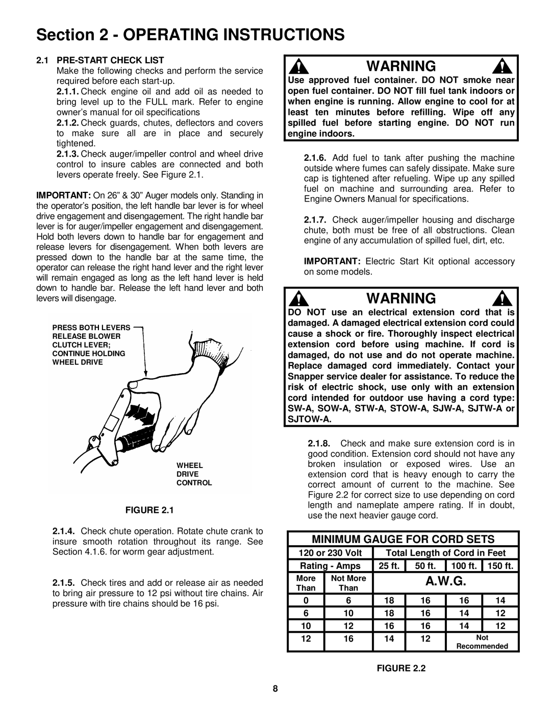 Snapper E9265, E11305 important safety instructions Minimum Gauge for Cord Sets, PRE-START Check List 