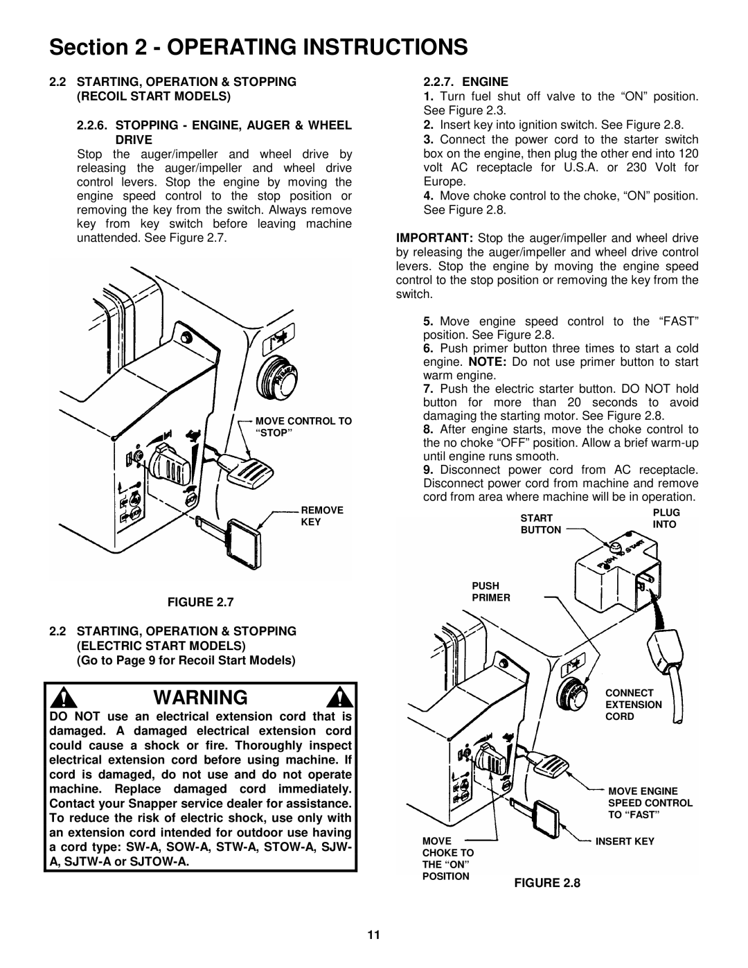 Snapper E9266, E11306 important safety instructions STARTING, Operation & Stopping Electric Start Models 