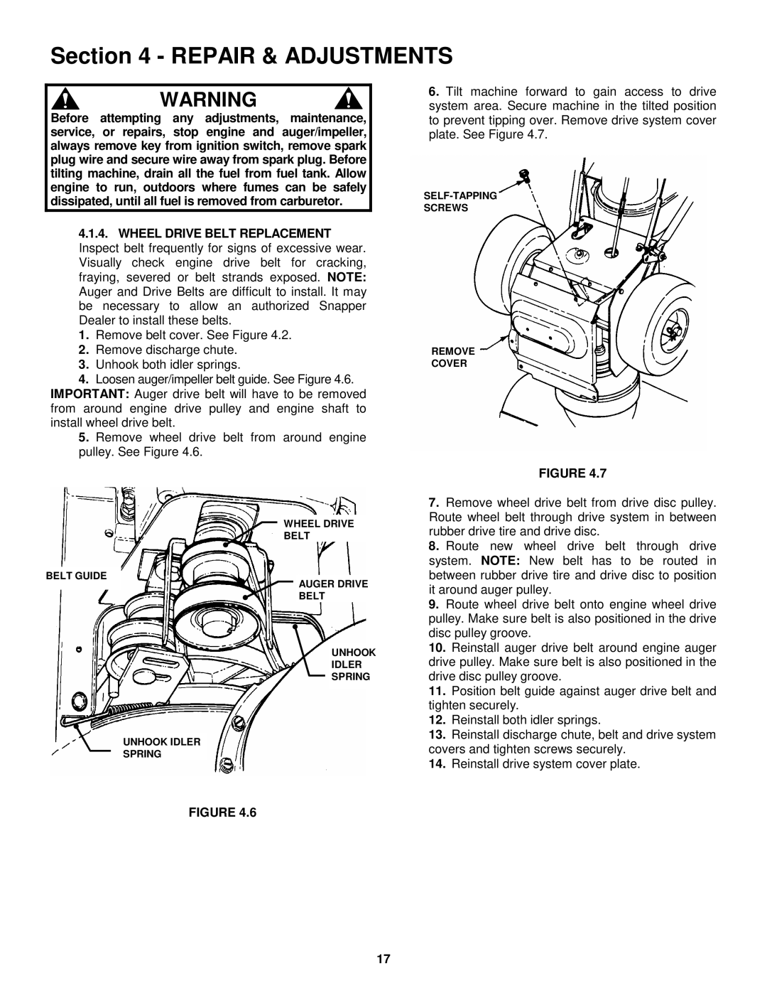 Snapper E9266, E11306 important safety instructions Repair & Adjustments 