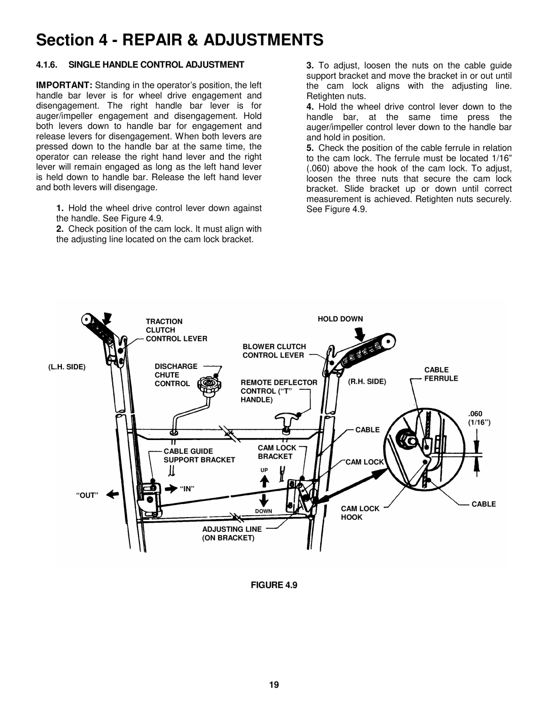 Snapper E9266, E11306 important safety instructions Single Handle Control Adjustment 