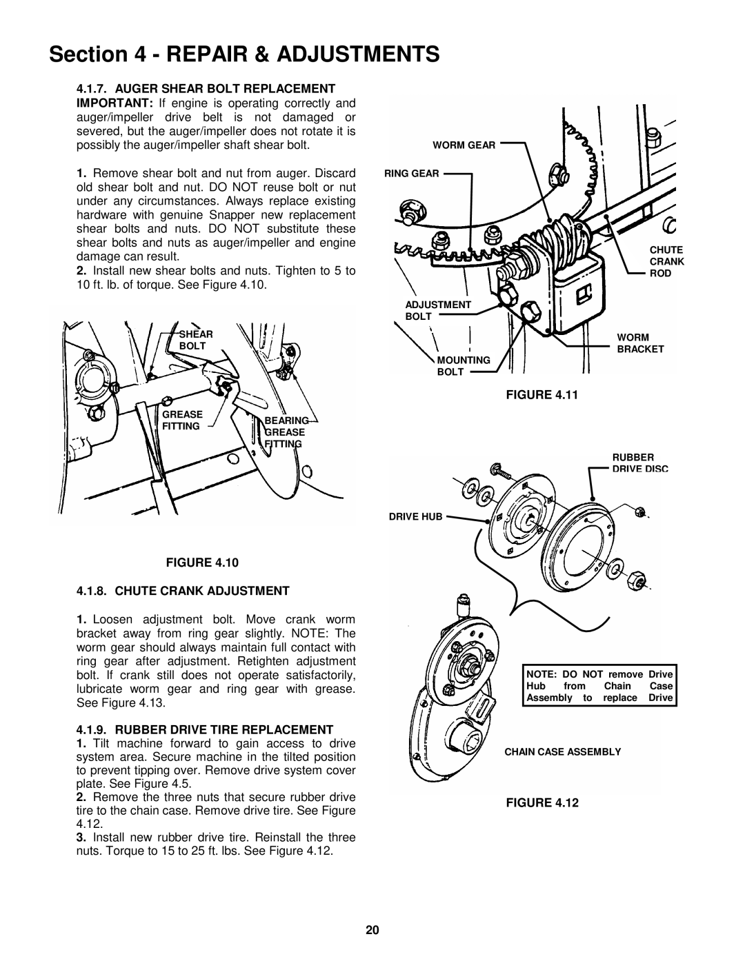 Snapper E9266, E11306 important safety instructions Chute Crank Adjustment, Rubber Drive Tire Replacement 