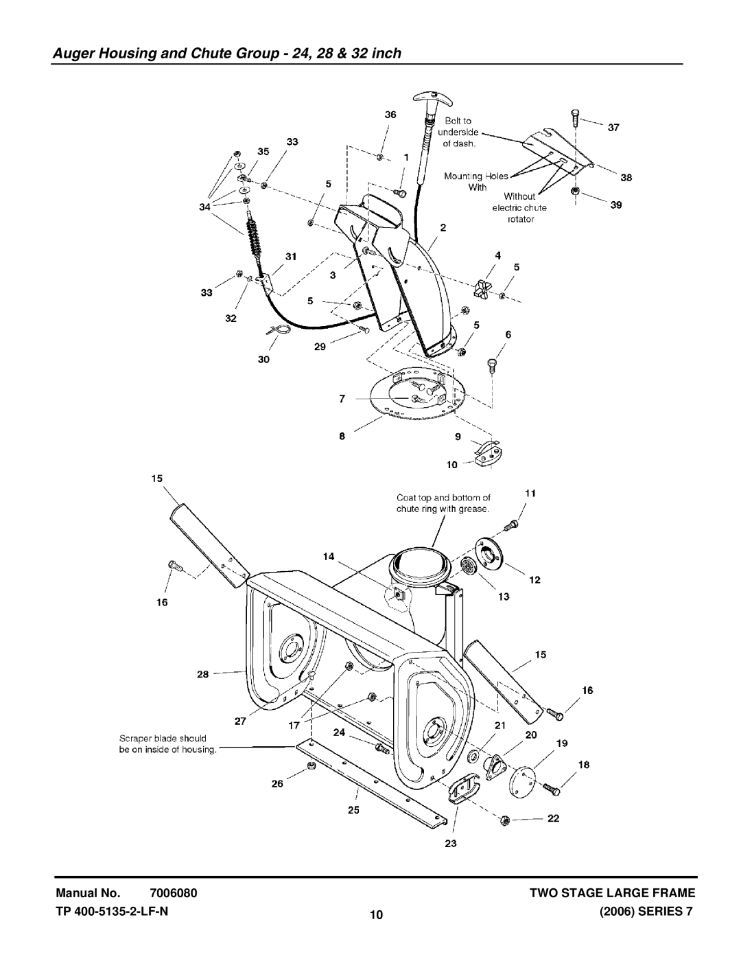 Snapper 95247E (1694853), E95247 (1694854), E105287 (1694856) manual Auger Housing and Chute Group 24, 28 & 32 inch 