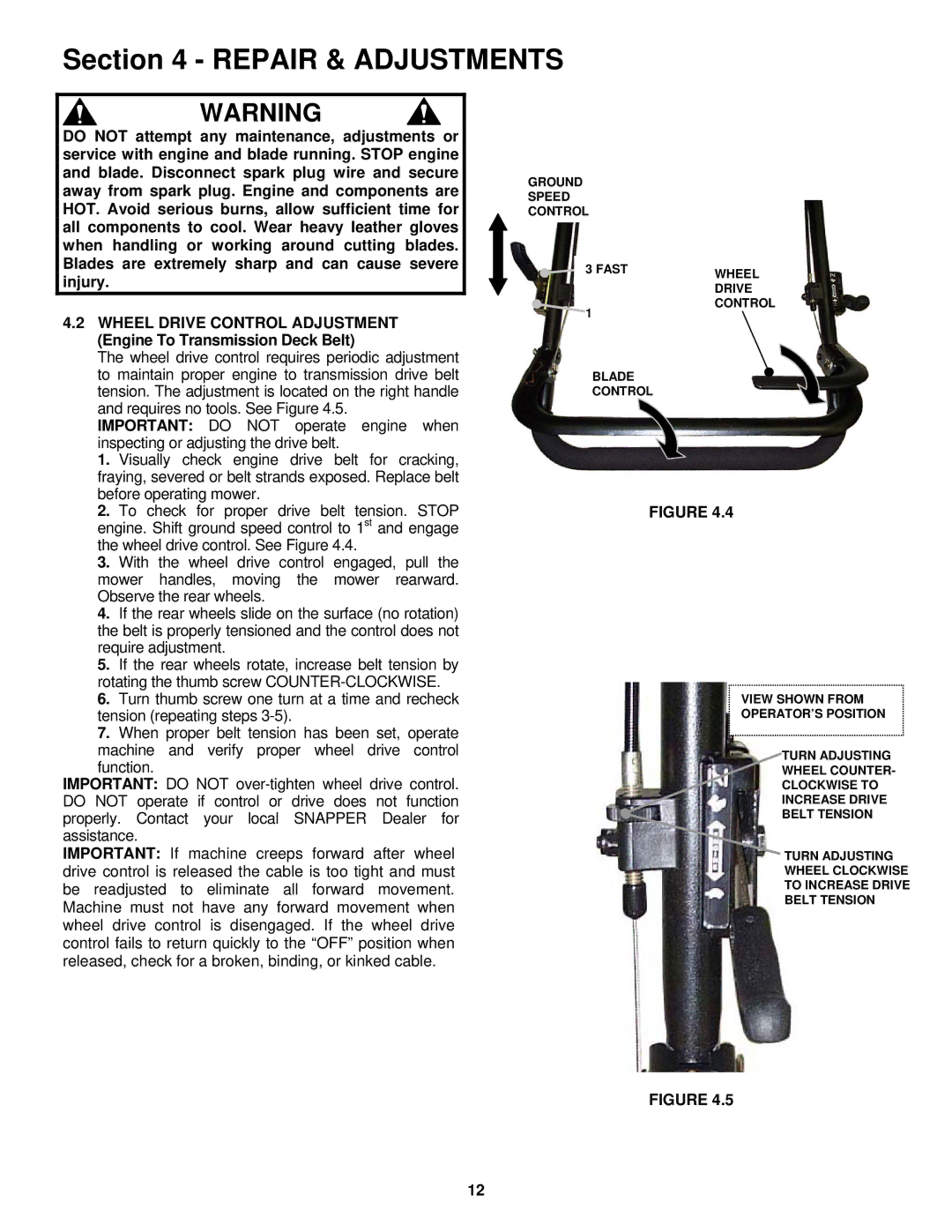 Snapper ECLP21 551HV important safety instructions Repair & Adjustments 