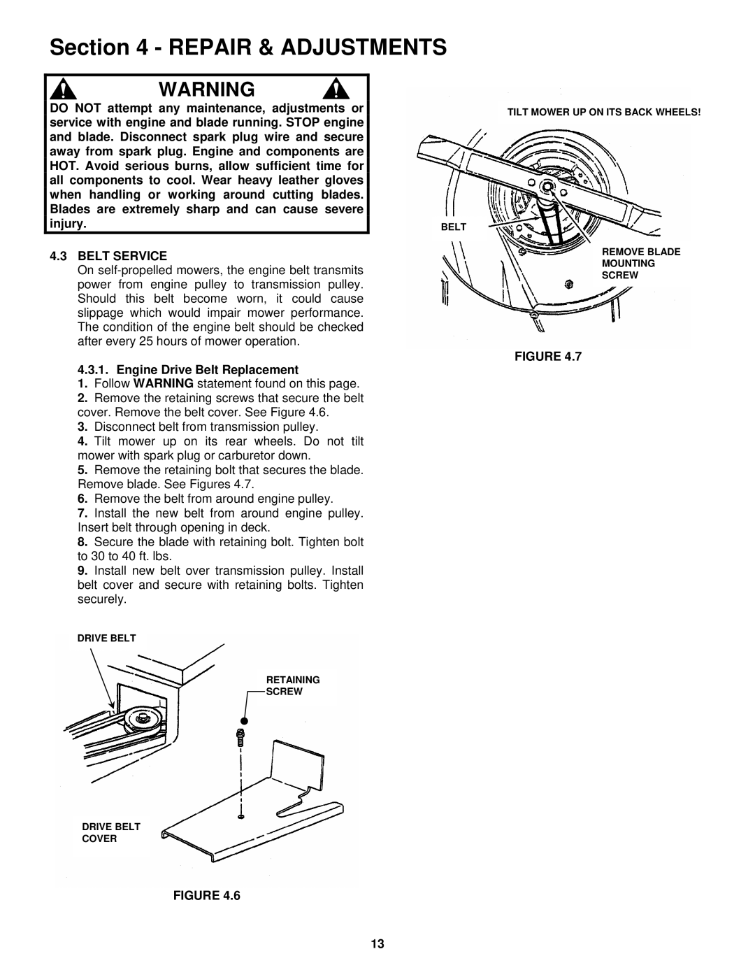 Snapper ECLP21 551HV important safety instructions Belt Service, Engine Drive Belt Replacement 