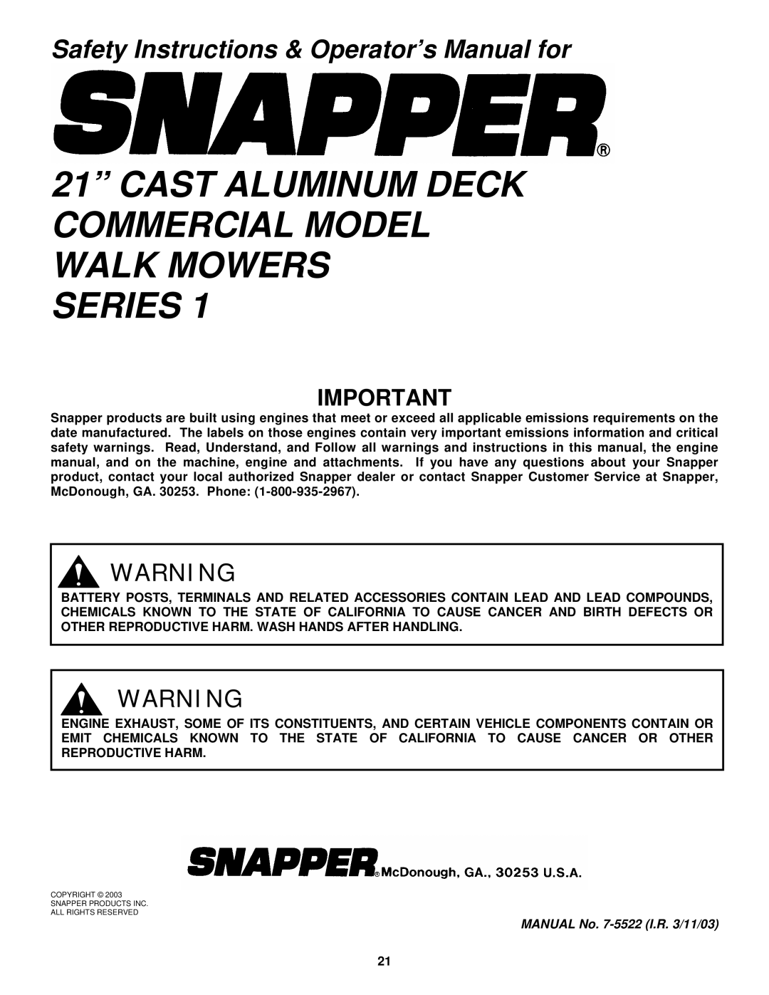 Snapper ECLP21 551HV important safety instructions Cast Aluminum Deck Commercial Model Walk Mowers Series 