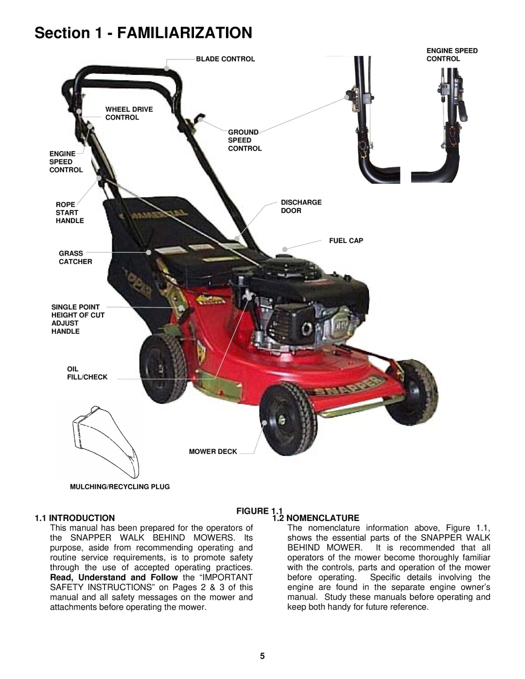 Snapper ECLP21 551HV Familiarization, Introduction Nomenclature, Read, Understand and Follow the Important 