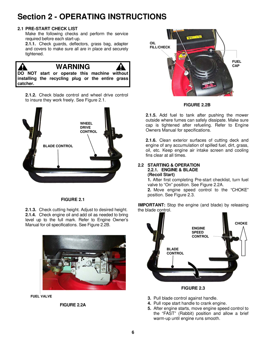 Snapper ECLP21 551HV Operating Instructions, PRE-START Check List, Starting & Operation 2.2.1. Engine & Blade 