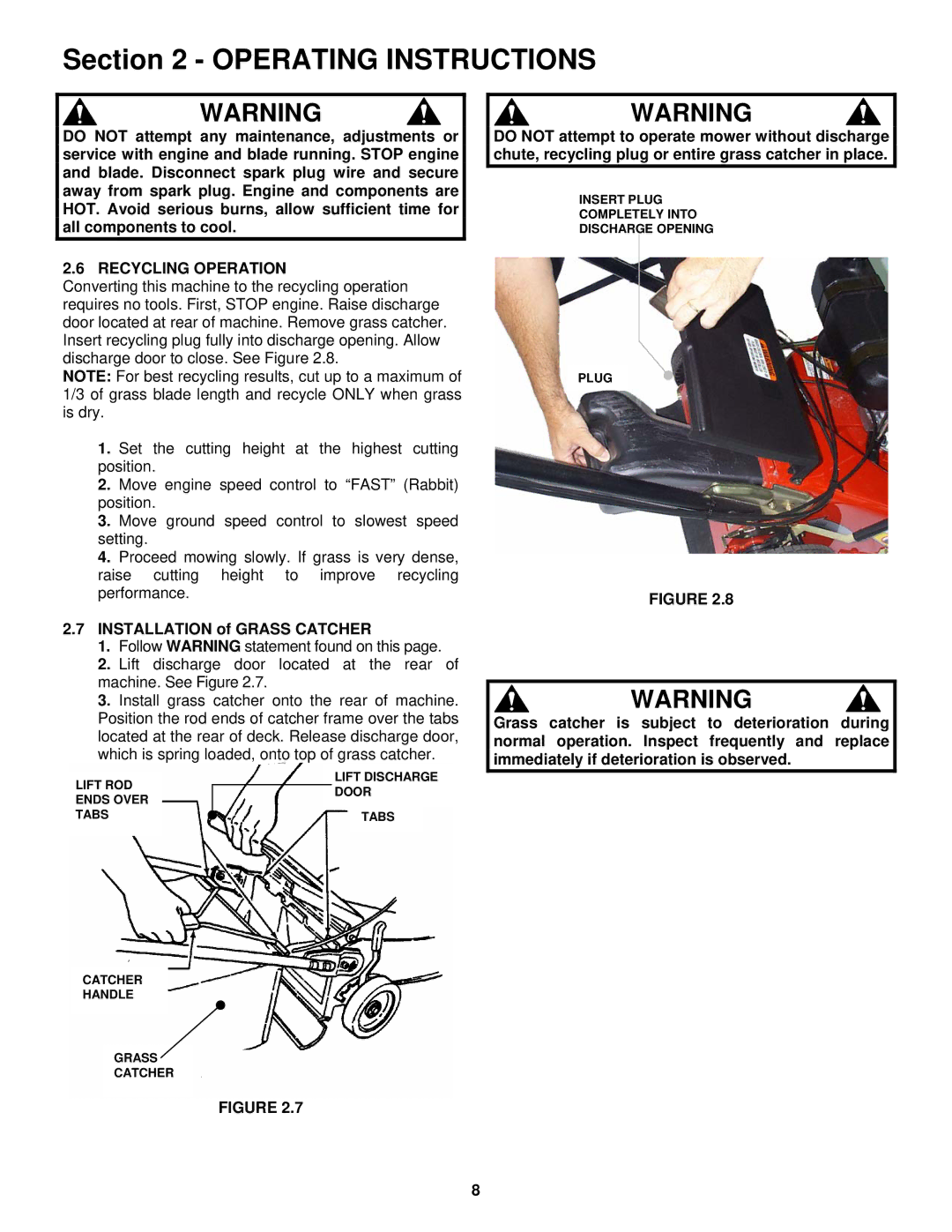 Snapper ECLP21 551HV important safety instructions Recycling Operation, Installation of Grass Catcher 