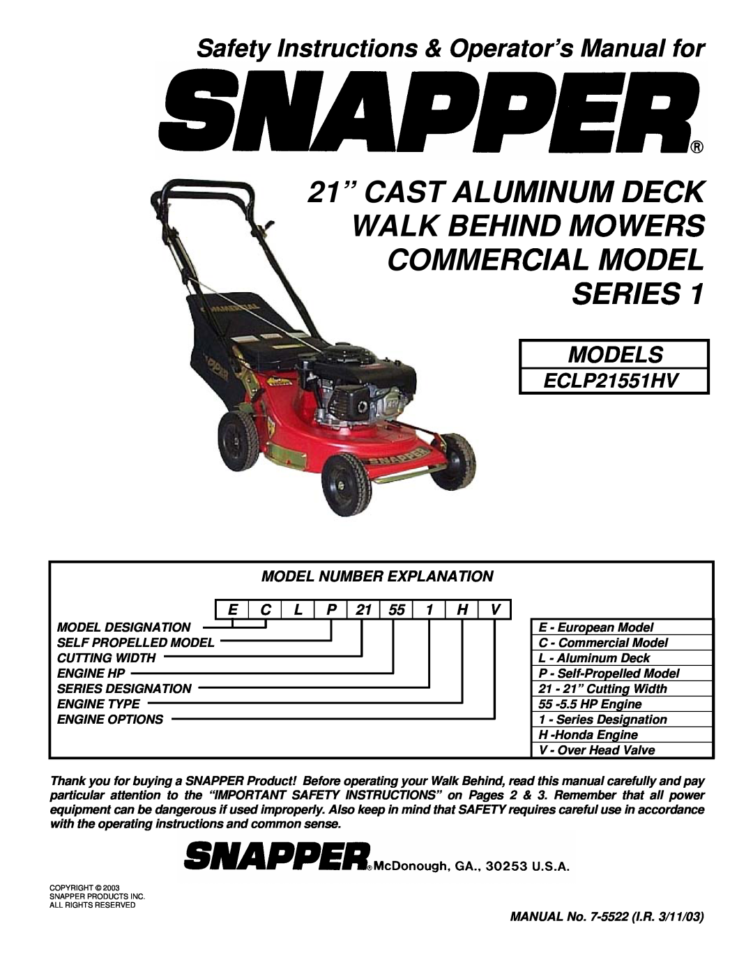 Snapper ECLP21 551HV important safety instructions Safety Instructions & Operator’s Manual for, Models, ECLP21551HV 