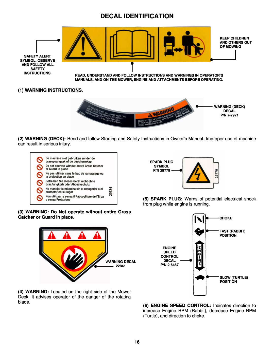 Snapper ECLP21 551HV important safety instructions Decal Identification, Warning Instructions 
