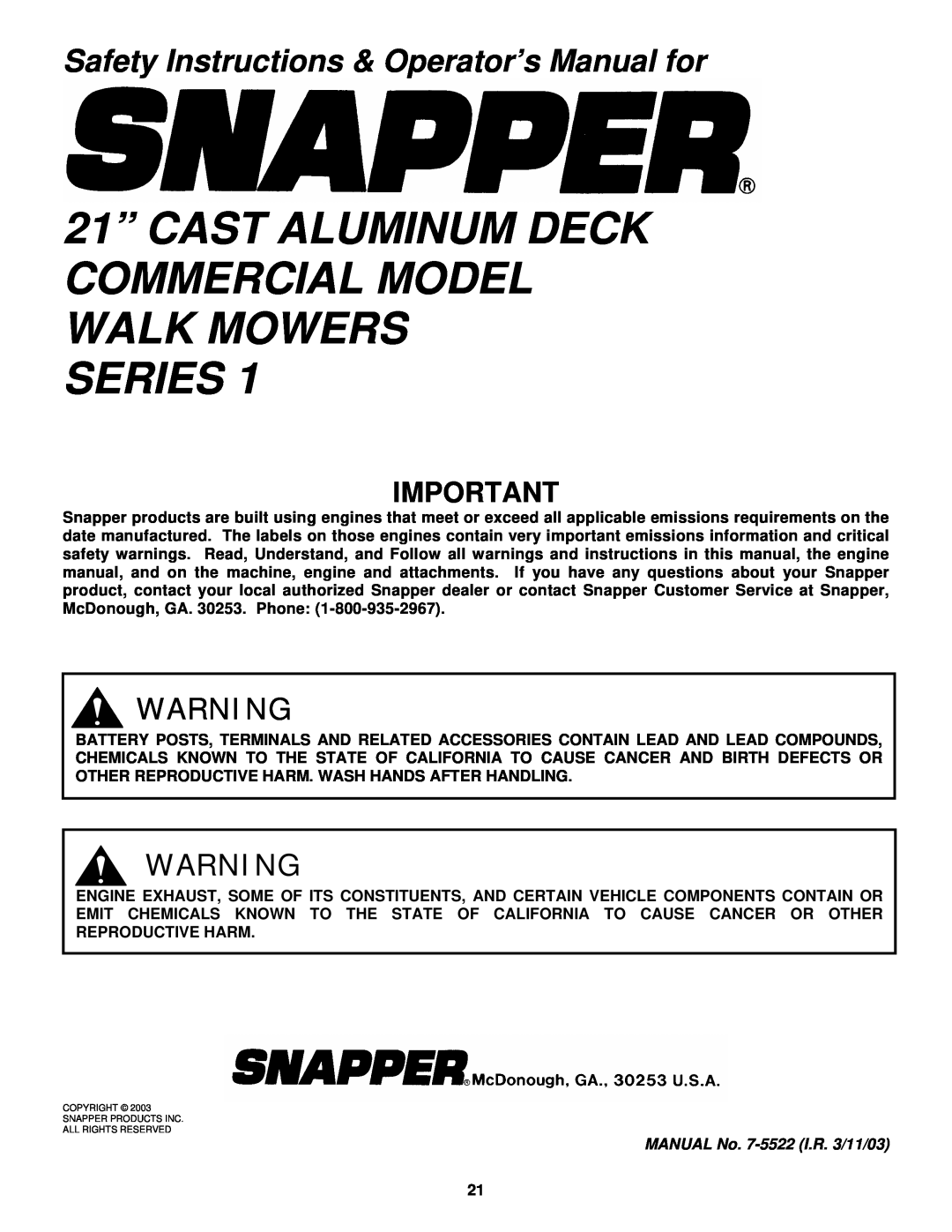 Snapper ECLP21 551HV important safety instructions 21” CAST ALUMINUM DECK COMMERCIAL MODEL WALK MOWERS SERIES 