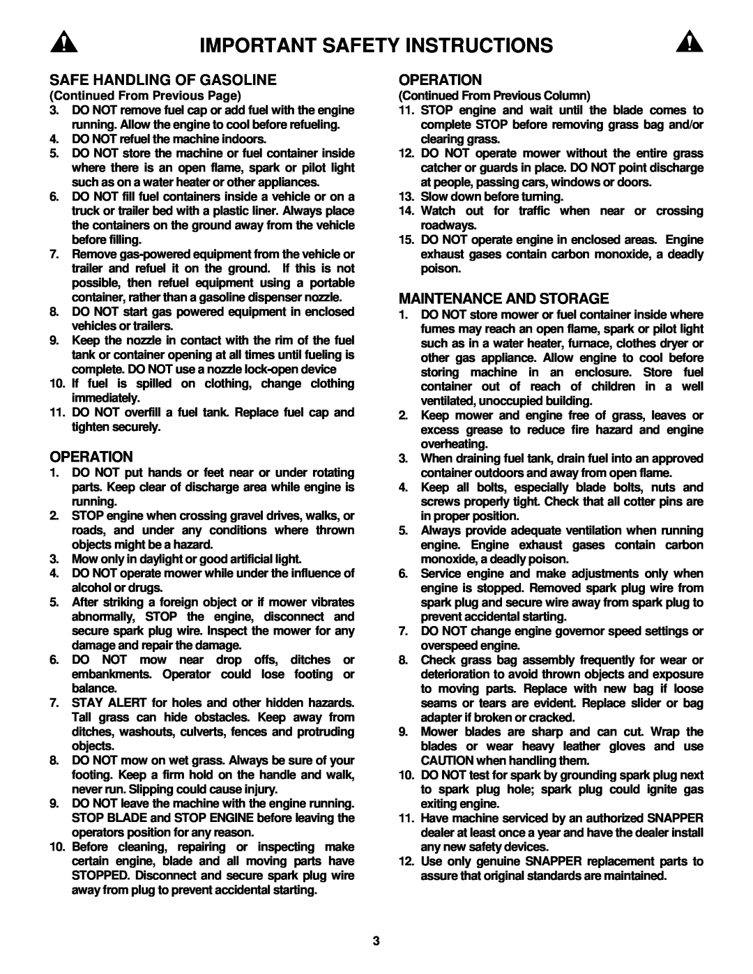 Snapper ECLP21 551HV important safety instructions Important Safety Instructions, Continued From Previous Page 