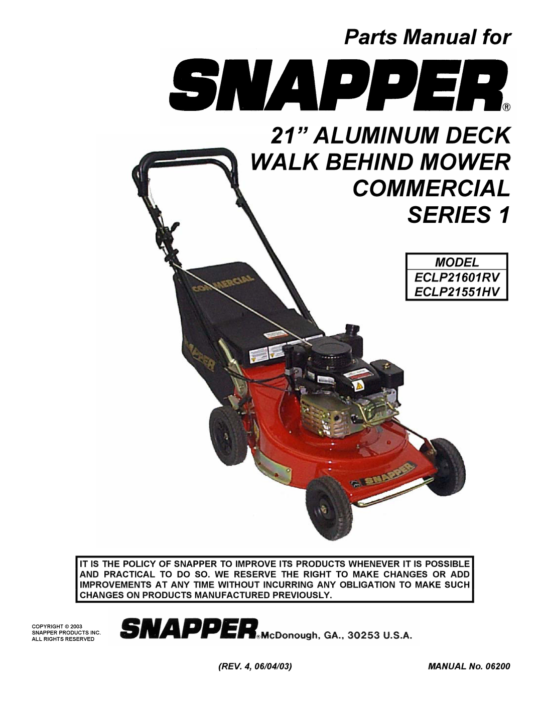 Snapper ECLP21551HV manual Aluminum Deck Walk Behind Mower Commercial Series 