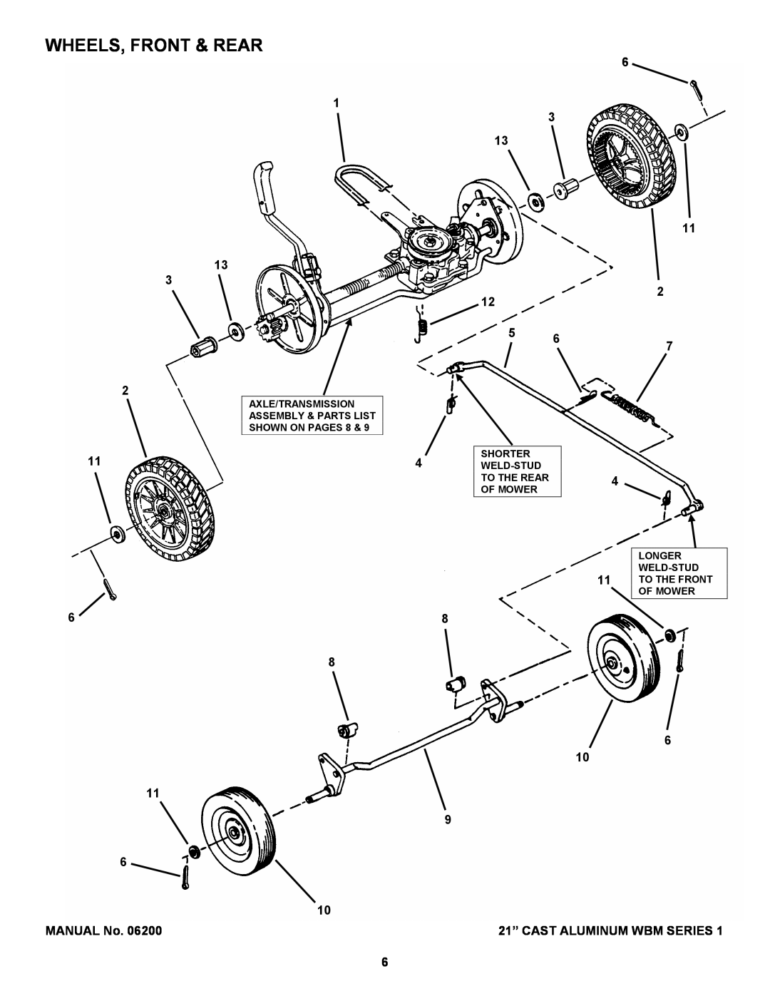 Snapper ECLP21551HV manual Wheels, Front & Rear, Axle/Transmission Assembly & Parts List Shown On Pages, Shorter, Weld-Stud 