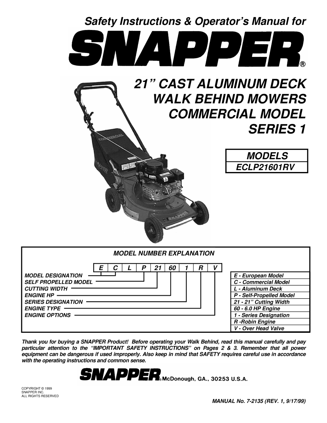 Snapper ECLP21601RV important safety instructions Safety Instructions & Operator’s Manual for 