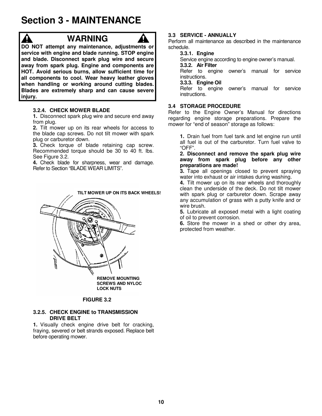 Snapper ECLP21601RV Check Mower Blade, Check Engine to Transmission Drive Belt, Service Annually, Storage Procedure 