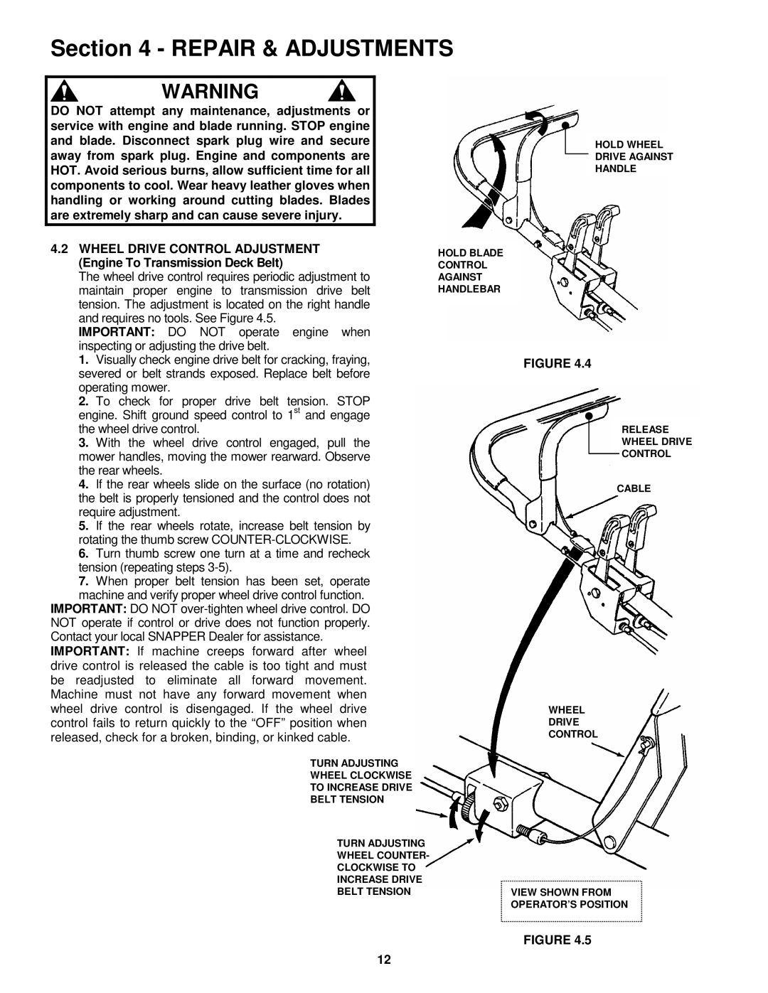 Snapper ECLP21601RV important safety instructions Repair & Adjustments 