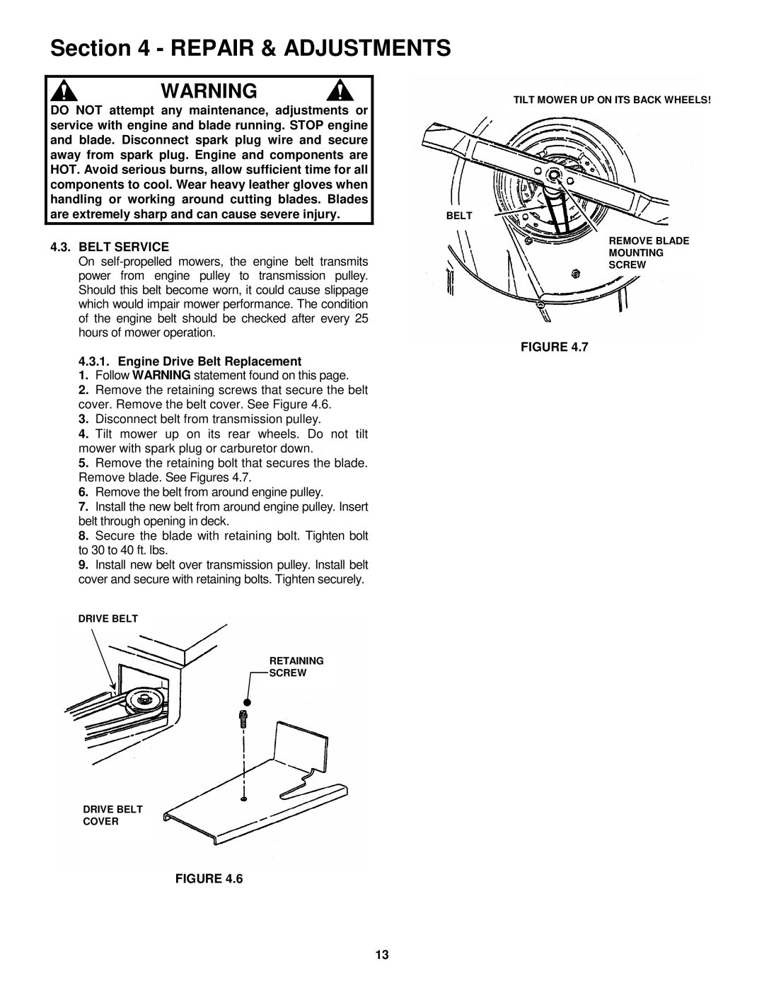 Snapper ECLP21601RV important safety instructions Belt Service, Engine Drive Belt Replacement 