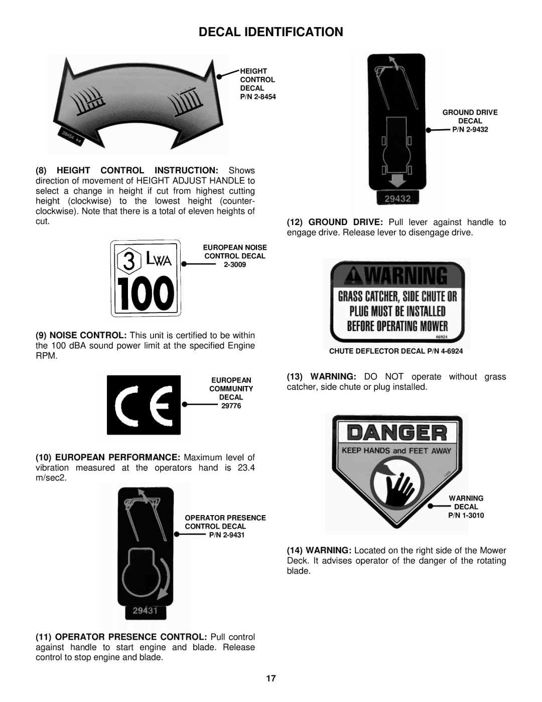 Snapper ECLP21601RV important safety instructions Height Control Decal 