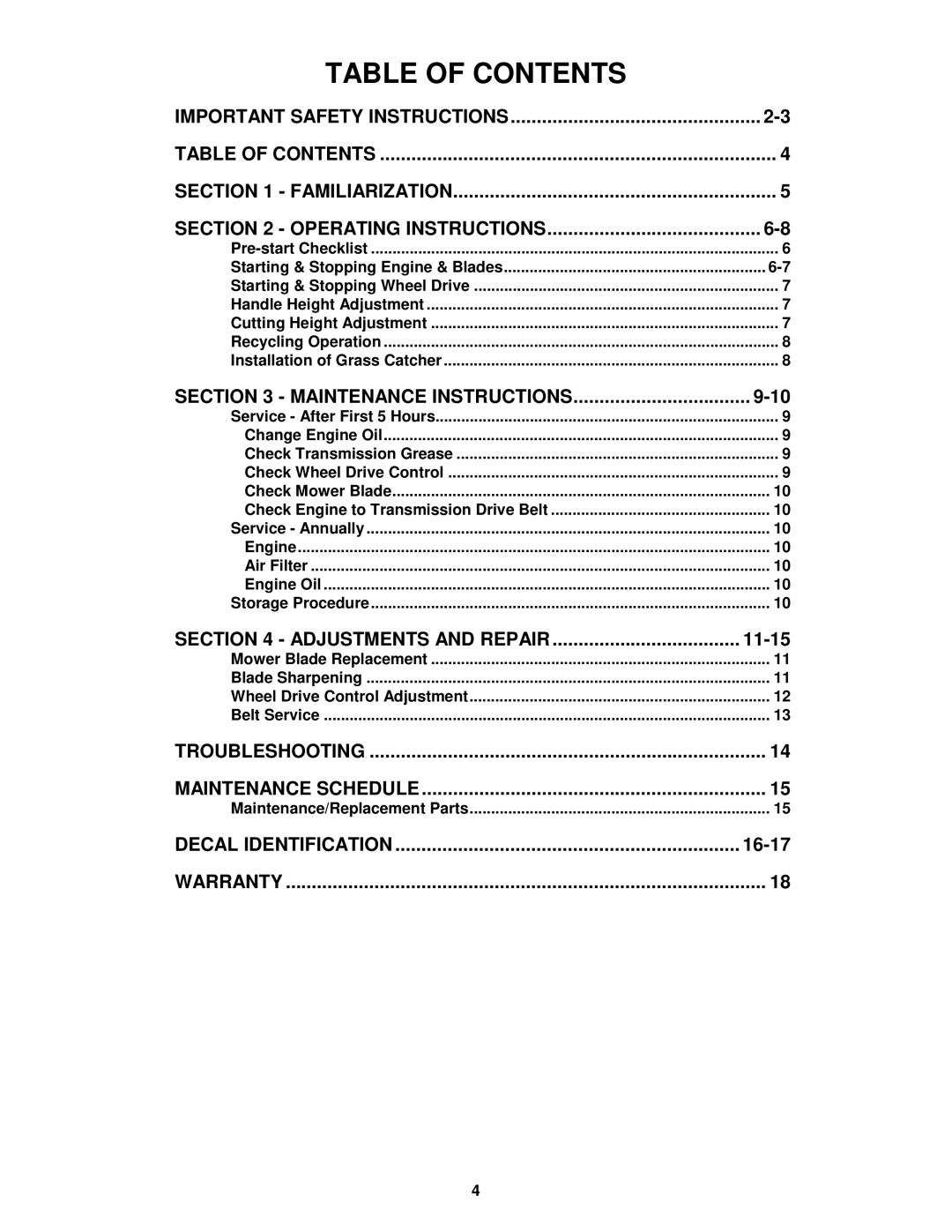 Snapper ECLP21601RV important safety instructions Table of Contents 