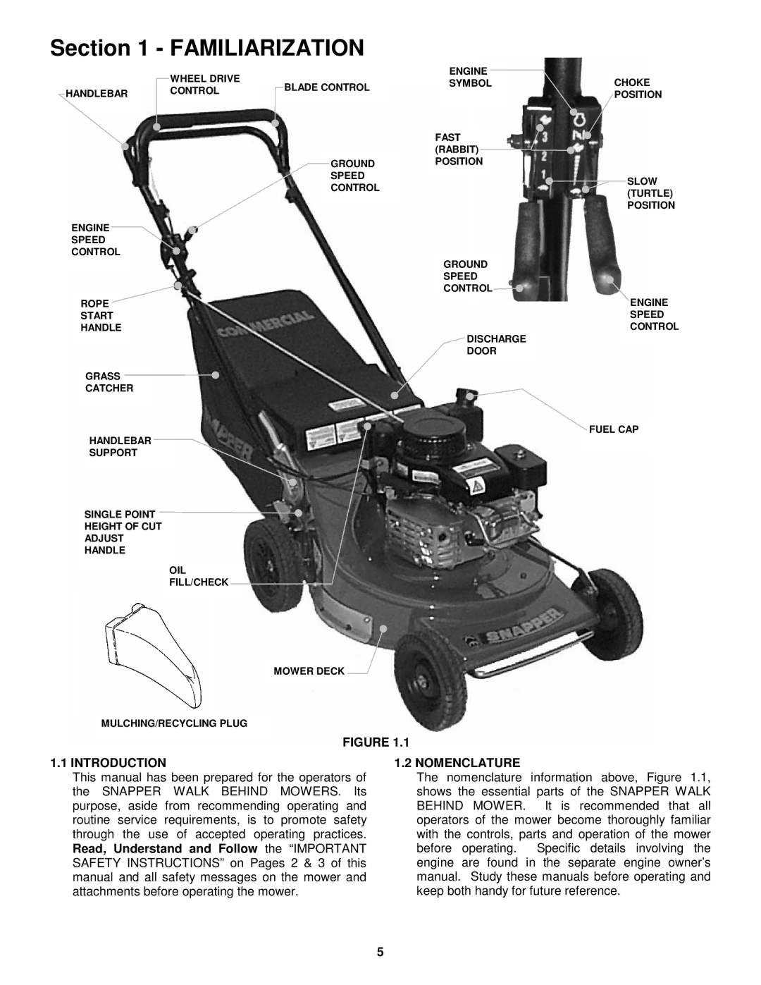 Snapper ECLP21601RV important safety instructions Familiarization, Introduction, Nomenclature 