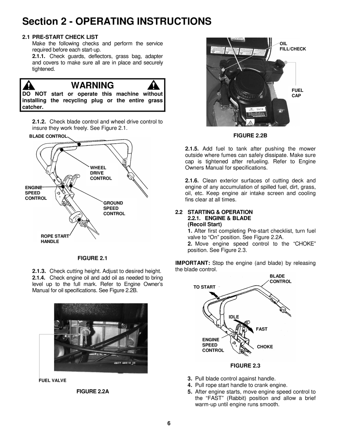 Snapper ECLP21601RV Operating Instructions, PRE-START Check List, Starting & Operation 2.2.1. Engine & Blade, Recoil Start 