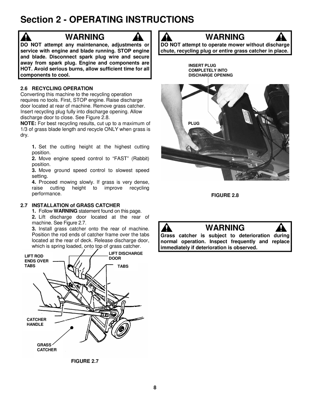 Snapper ECLP21601RV important safety instructions Recycling Operation, Installation of Grass Catcher 