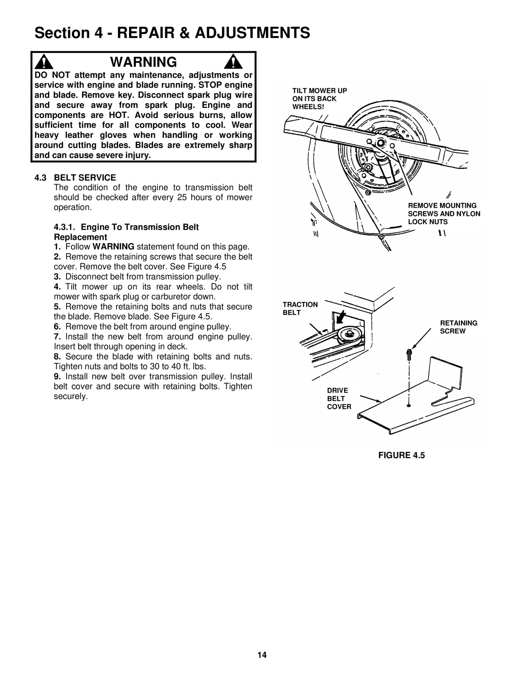 Snapper ECLP21602KWV important safety instructions Belt Service, Engine To Transmission Belt Replacement 