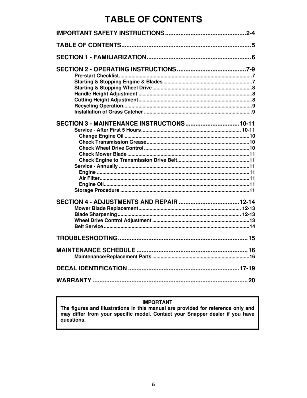 Snapper ECLP21602KWV important safety instructions Table of Contents 