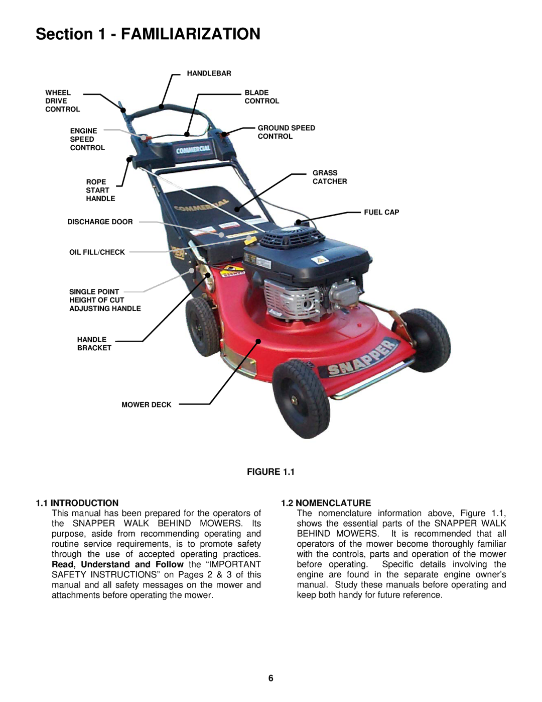 Snapper ECLP21602KWV important safety instructions Familiarization, Introduction, Nomenclature 