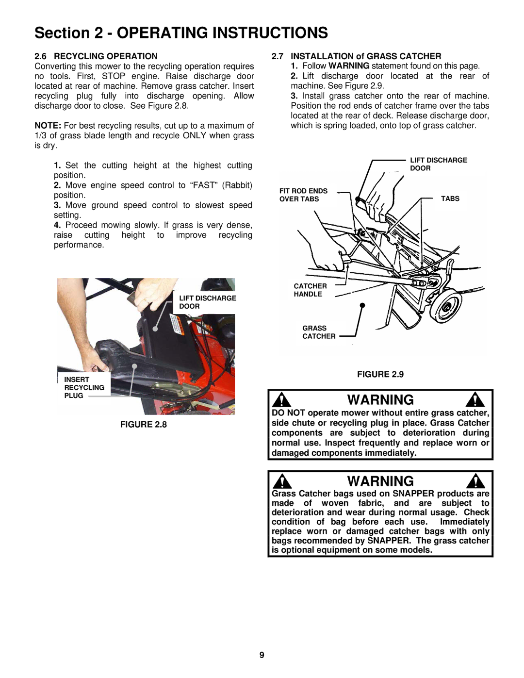 Snapper ECLP21602KWV important safety instructions Recycling Operation, Installation of Grass Catcher 