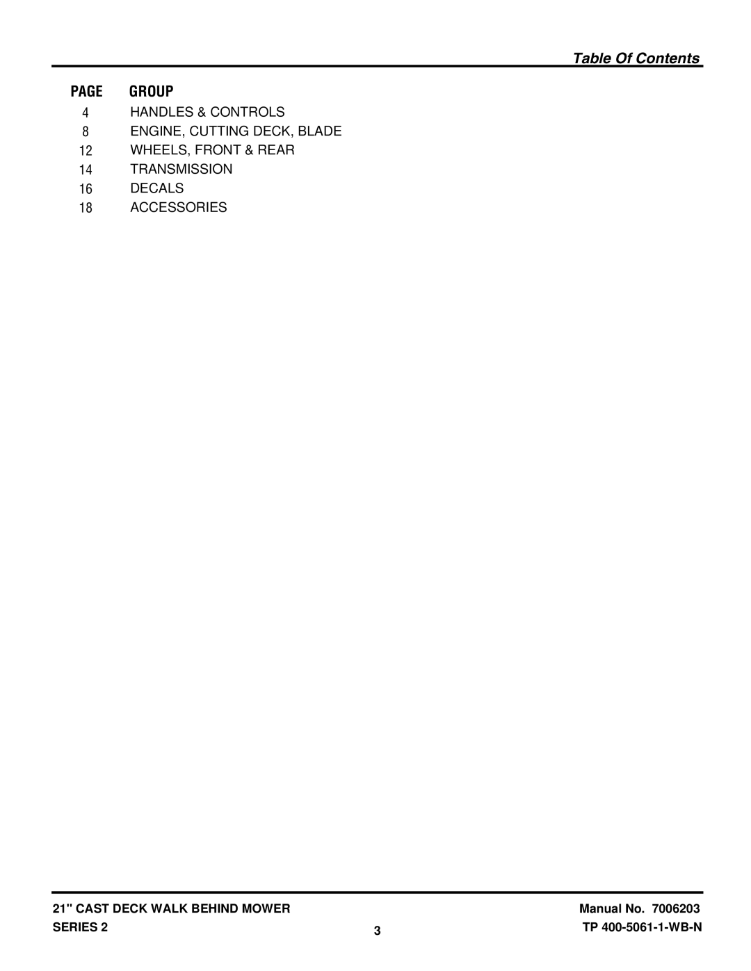 Snapper ECLP21602KWV manual Table Of Contents 