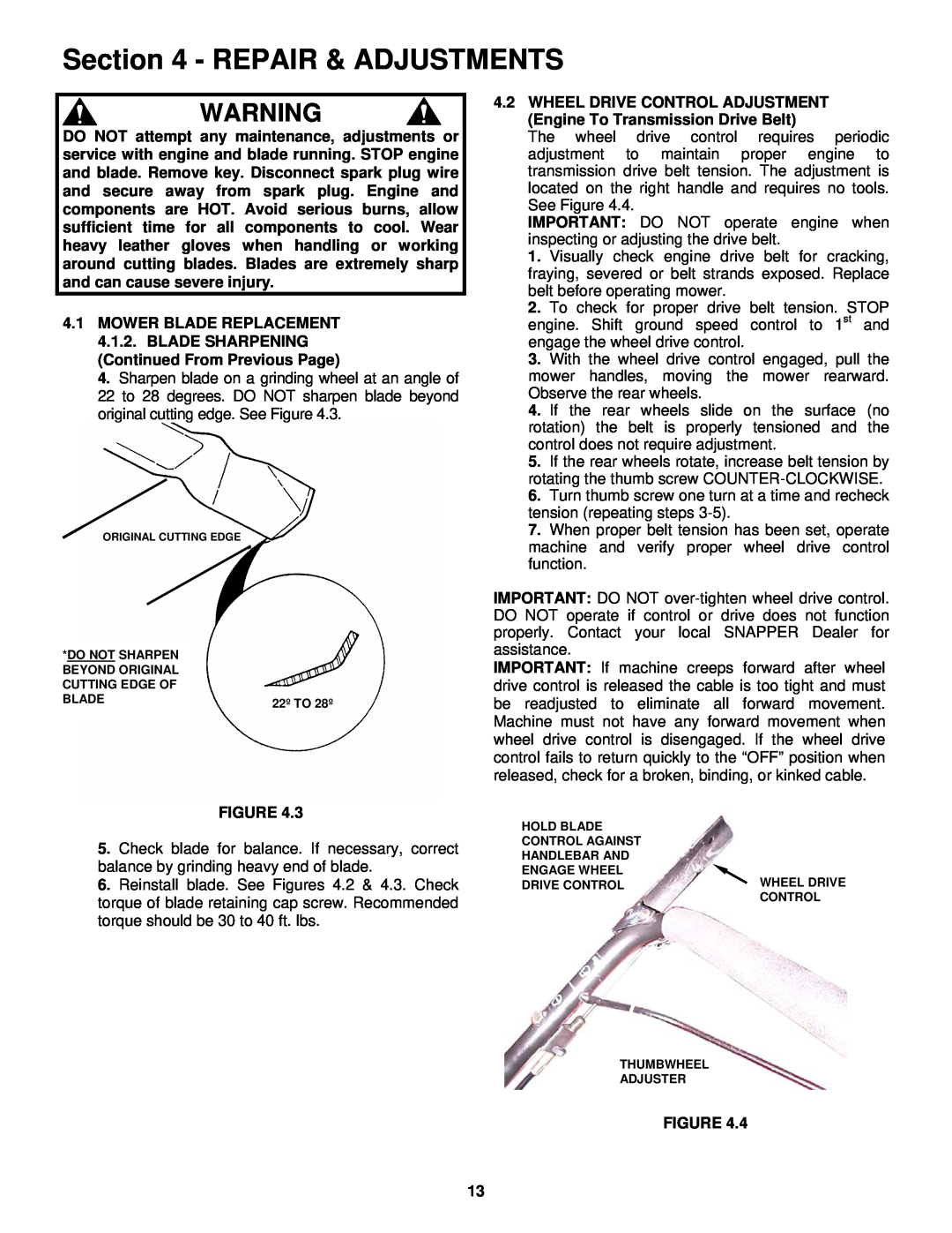 Snapper ECLP21602KWV important safety instructions Repair & Adjustments, 22º TO 28º, Original Cutting Edge 