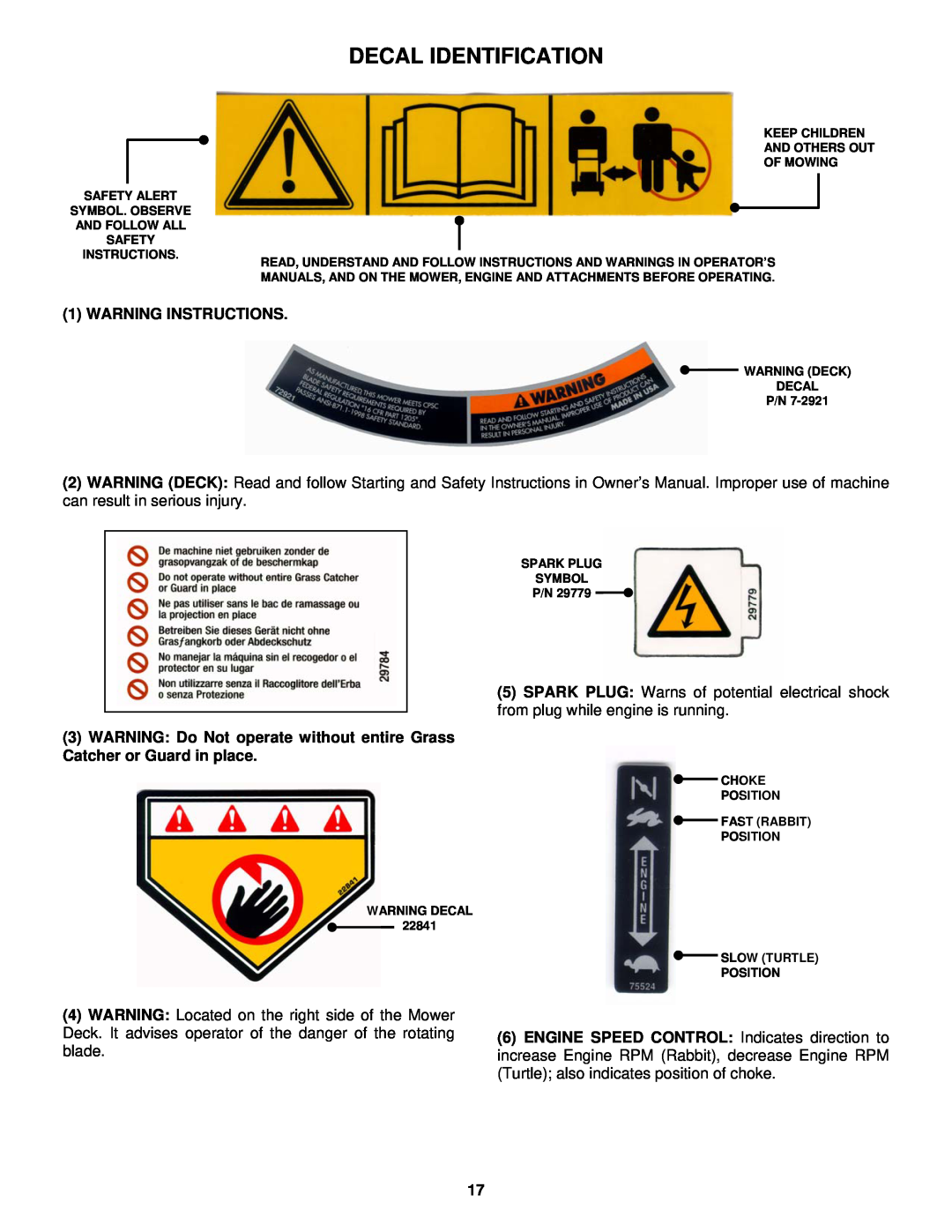 Snapper ECLP21602KWV important safety instructions Decal Identification, Warning Instructions 
