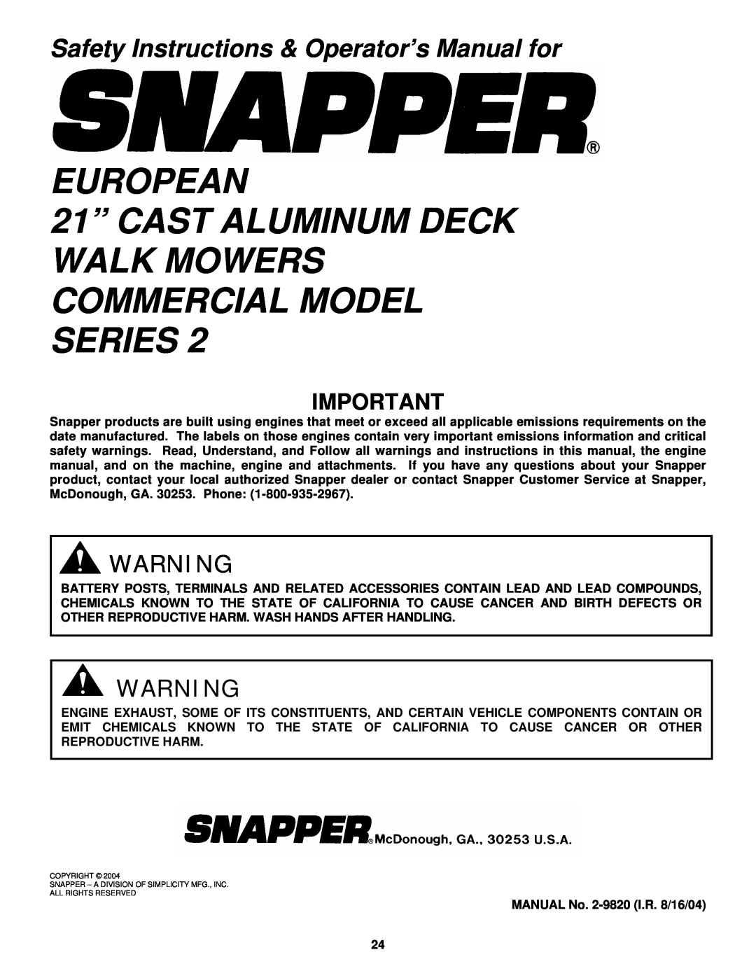 Snapper ECLP21602KWV important safety instructions EUROPEAN 21” CAST ALUMINUM DECK WALK MOWERS COMMERCIAL MODEL SERIES 