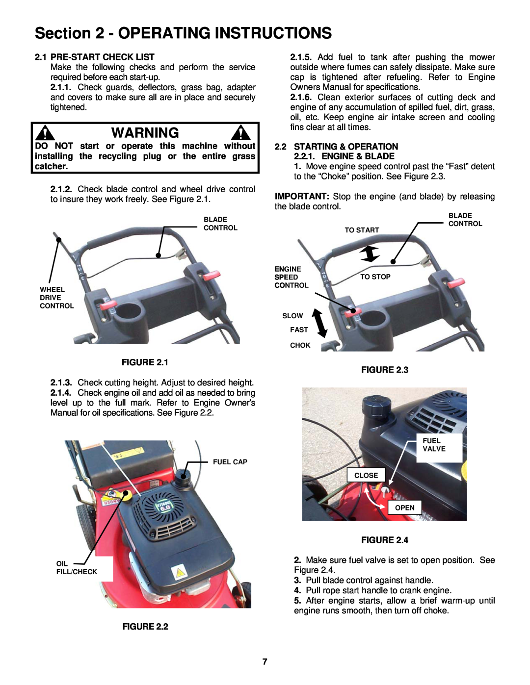 Snapper ECLP21602KWV Operating Instructions, Pre-Start Check List, STARTING & OPERATION 2.2.1. ENGINE & BLADE 