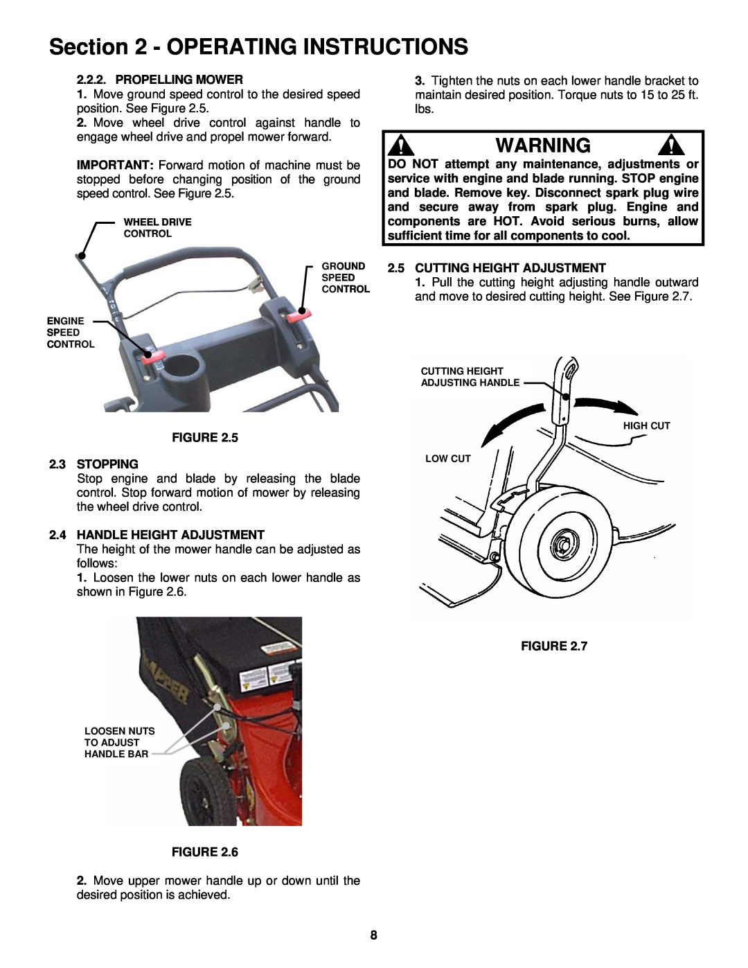 Snapper ECLP21602KWV Operating Instructions, Propelling Mower, Stopping, Handle Height Adjustment 