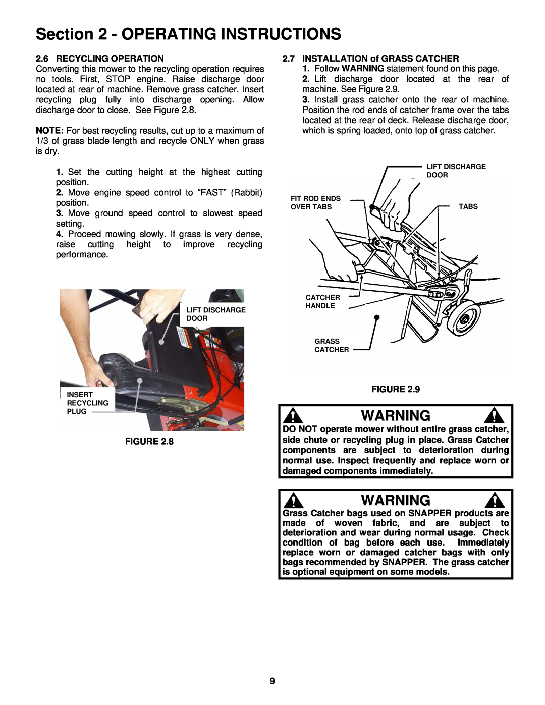 Snapper ECLP21602KWV important safety instructions Operating Instructions, Recycling Operation 